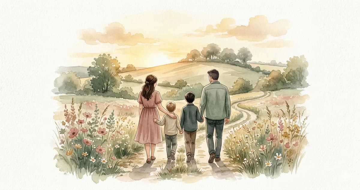 Illustration aquarelle d'une famille de dos — une maman, un papa et leurs deux garçons — marchant main dans la main sur un chemin de campagne fleuri au coucher du soleil